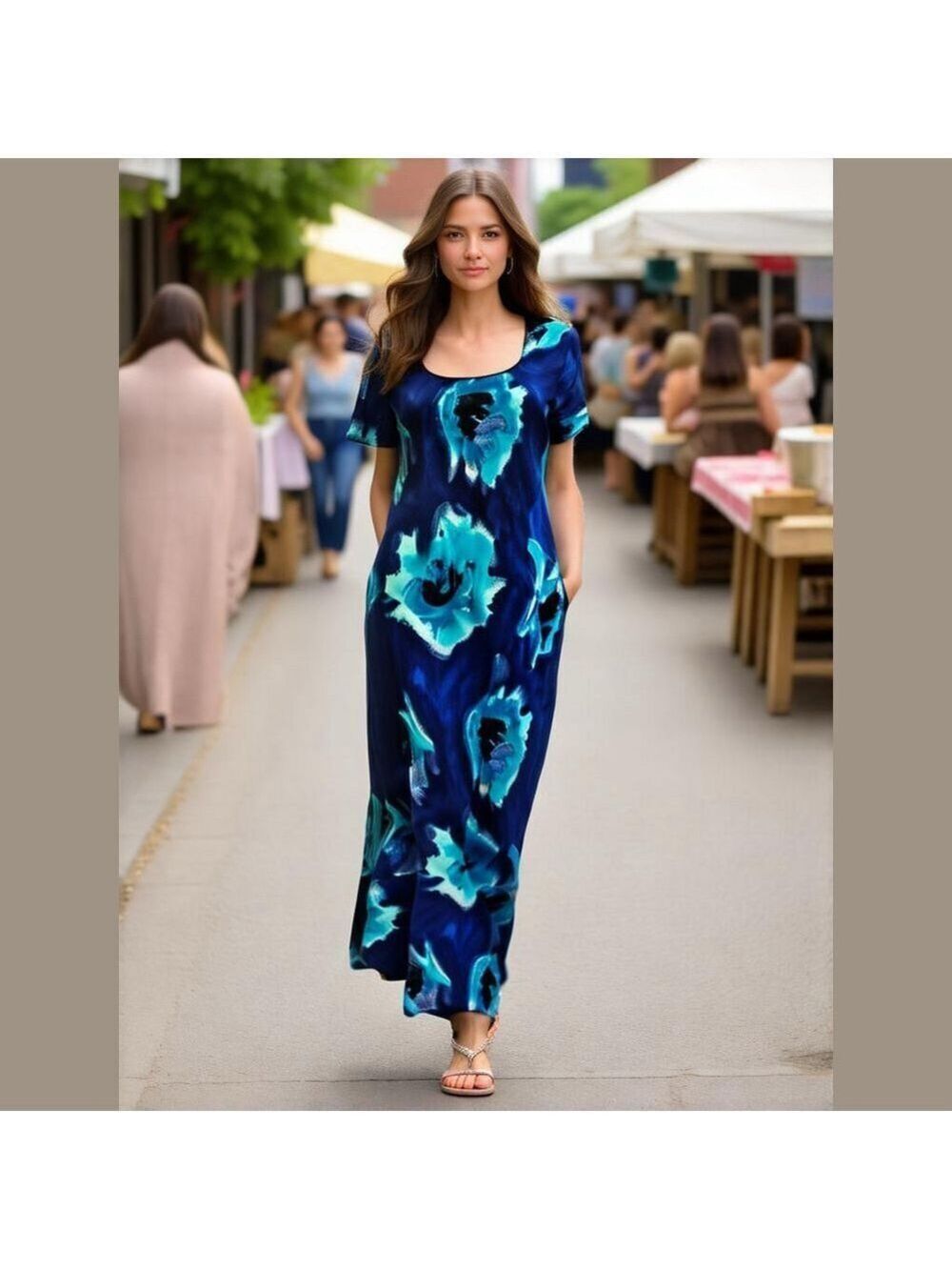 80s PLAZA SOUTH BLUE & BLACK BOLD FLORAL MAXI DRESS TROPICAL BEACH SZ 10